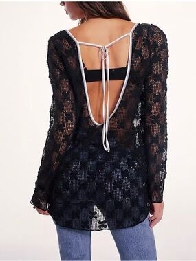Free People Black Crochet Open-Back Coverup with White Tie